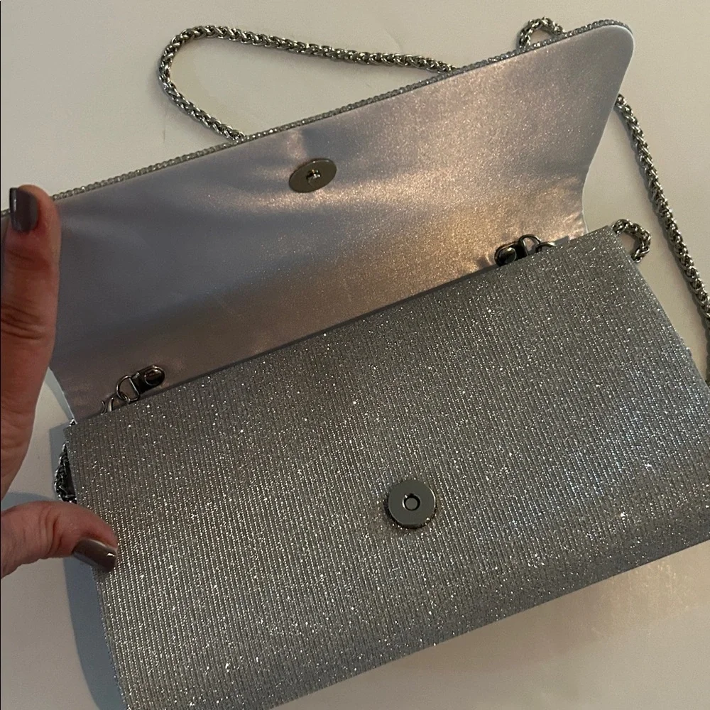 Melanie Lyne Silver Crystal Clutch Bag with silvertone chain glitter wedding